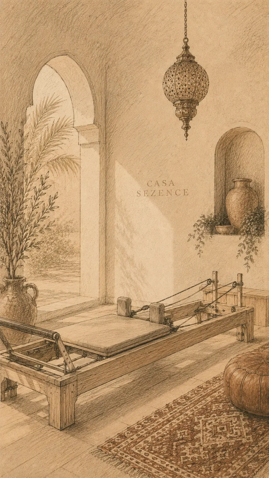 Illustration einer Pilates-Praxis auf dem Reformer