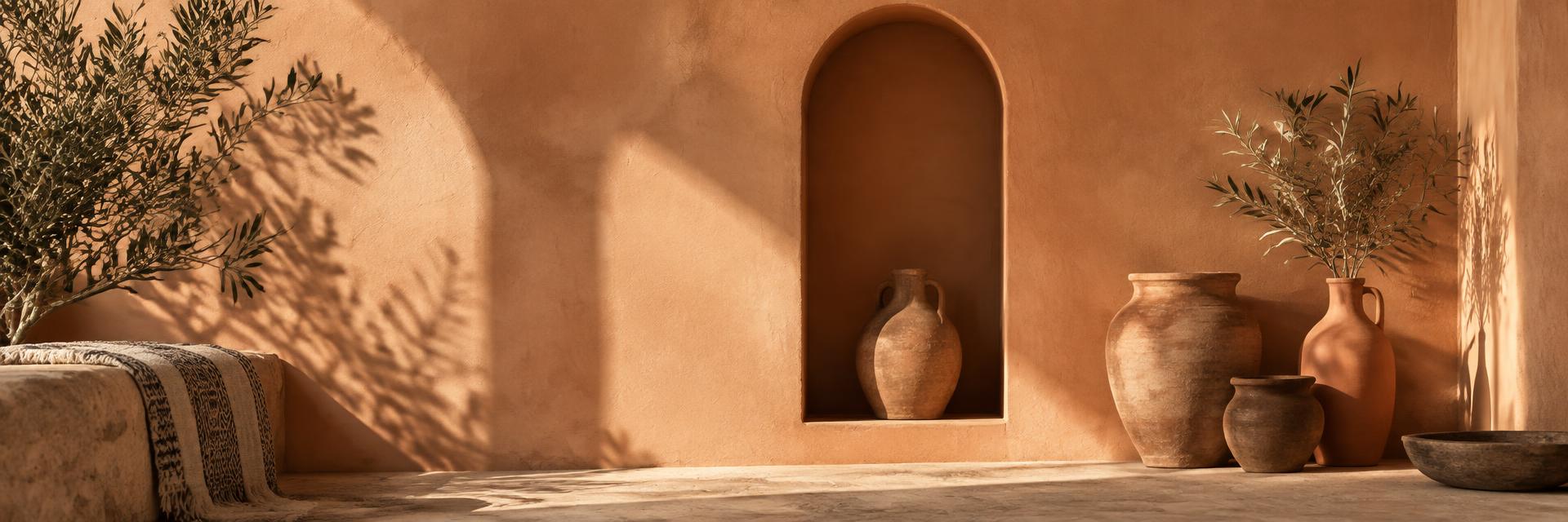 Orientalische Nische mit Tonvasen und Olivenzweigen in warmem Licht